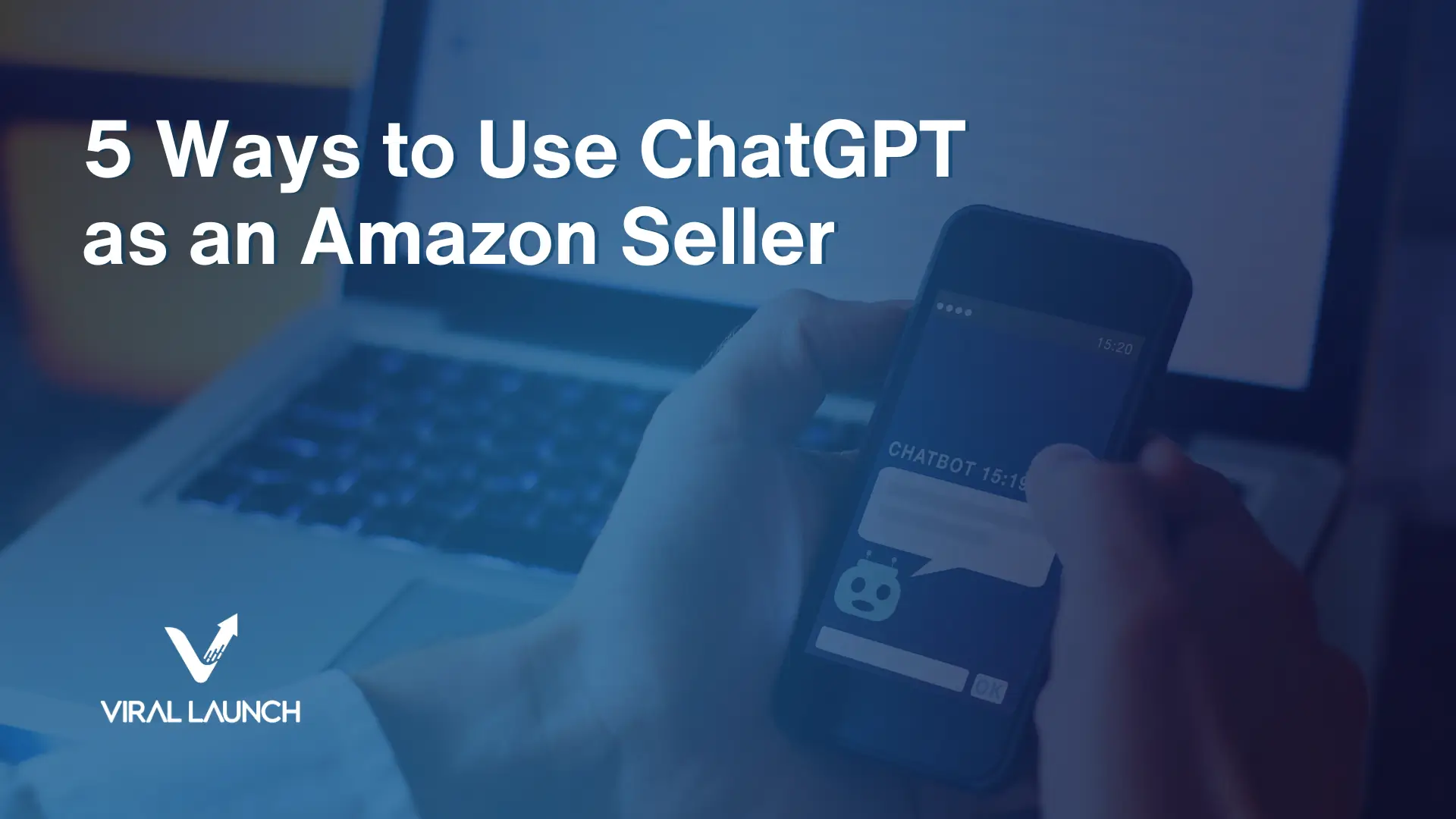 A business person using chatGPT on their phone with text that says "5 ways Amazon sellers can use chatPT".