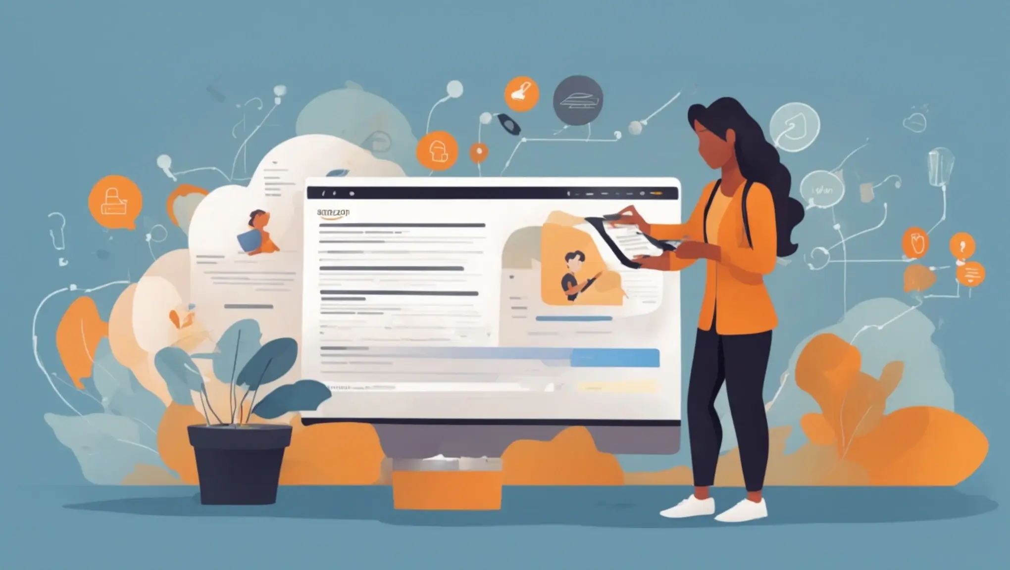 Graphic with a woman in front of a computer screen with multipe idea bubbles.