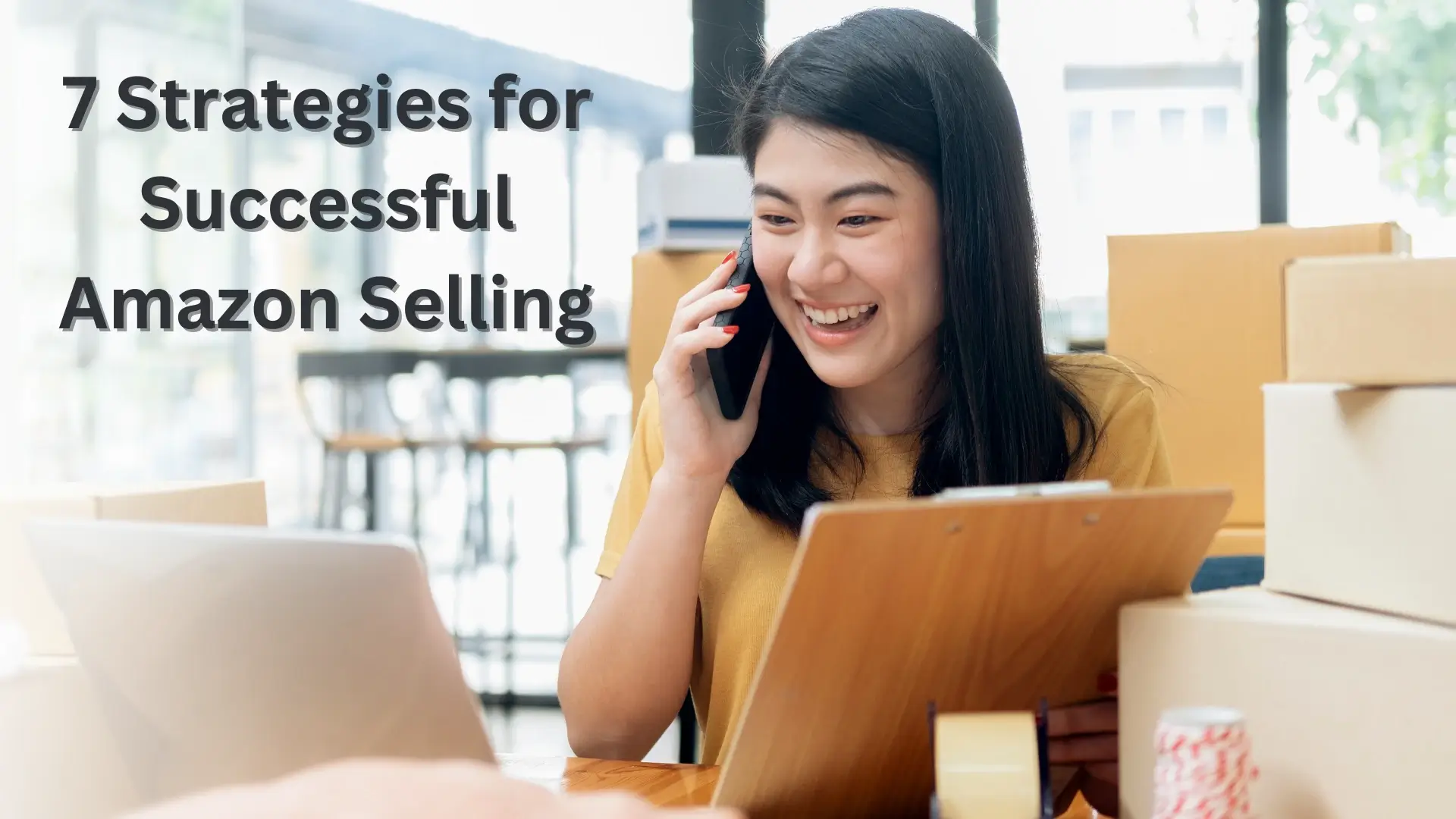 A graphic with a woman talking on her phone while working on her laptop in an office.